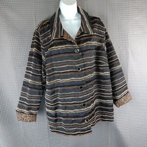CJ Banks Women's 2X Jacket Striped Leopard‎ Collar Button Front Long Sleeve